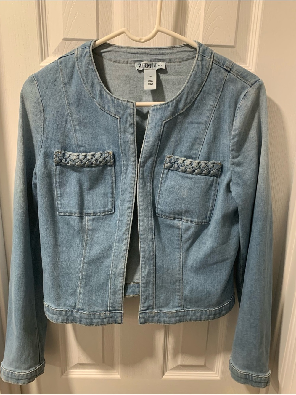 White House Black Market Pale Blue Braided-Trim Denim Jacket